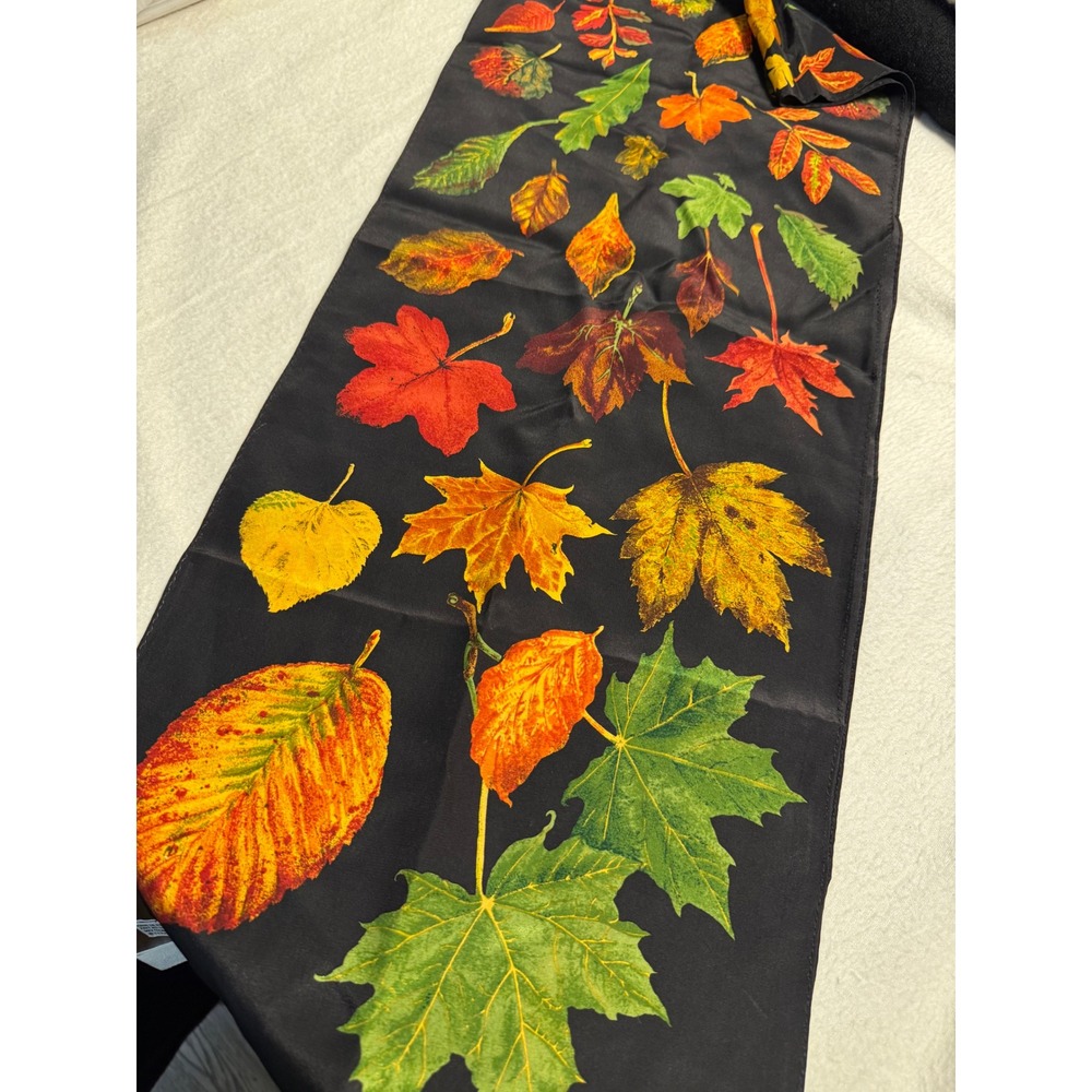Talbots Scarf Women Black Silk Autumn Leaves Botanical Print Rectangular